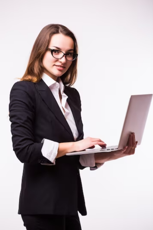Woman-standing-with-laptop